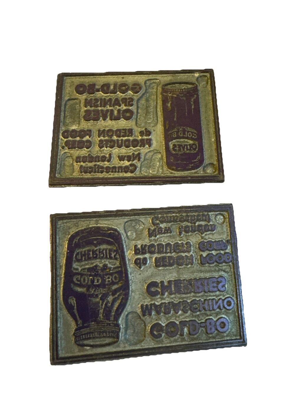2 Vintage letter press printing blocks Spanish Olives/Cherries